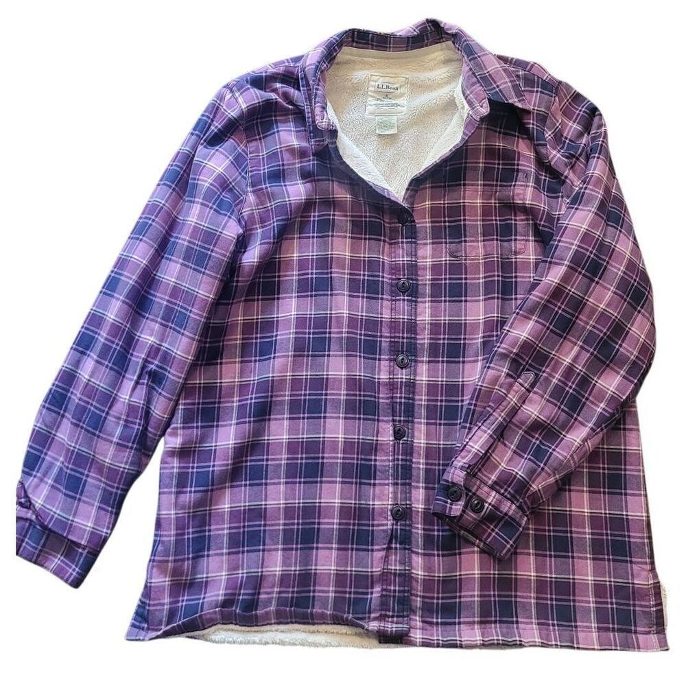 L.L. Bean Shirt Jacket Women's Small Purple Plaid Sherpa Lined Cozy